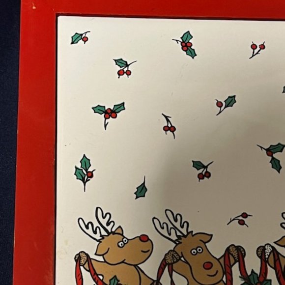 VTG Christmas Reindeer Dancing Ceramic Tile Trivet w/Red Wood Frame 7.25" - Picture 10 of 13